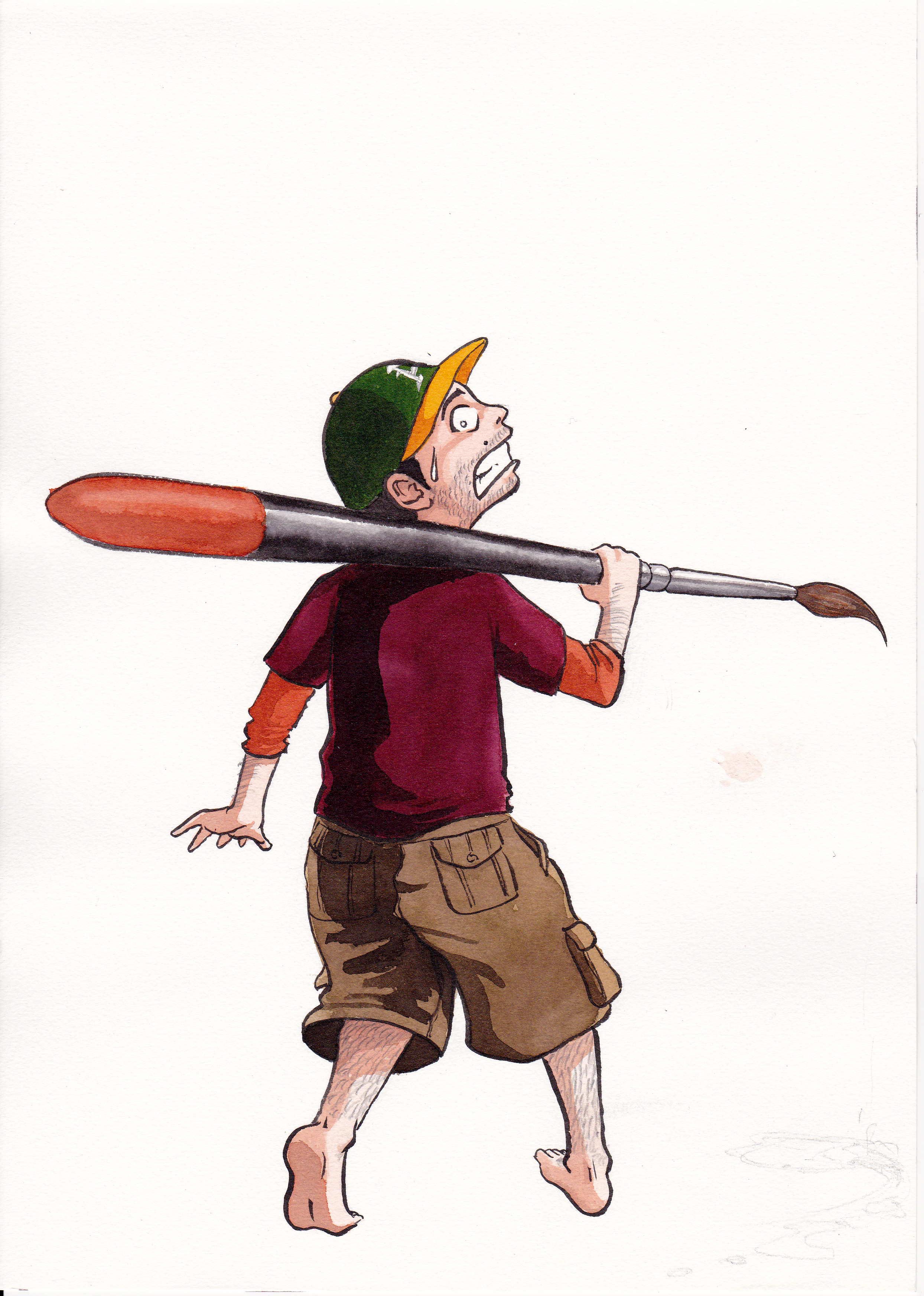 Guillaume tenant un pinceau géant sur son épaule