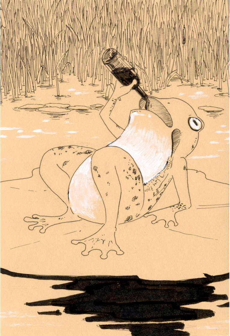 Grenouille qui boit à la bouteille