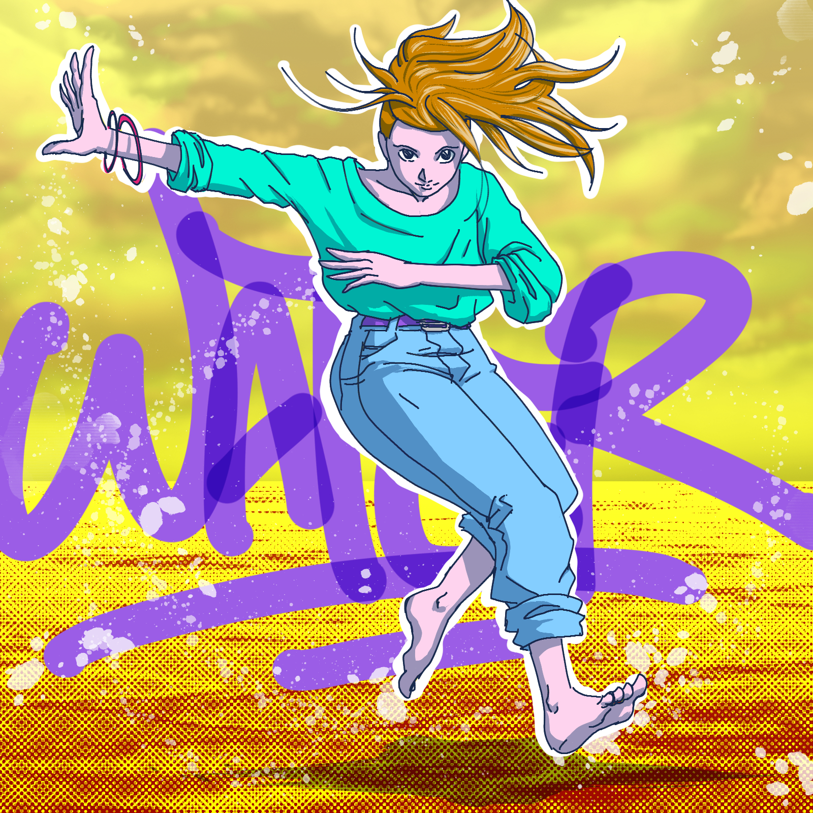 illustration d'une fille qui danse avec de des goutte d'eau autour, water marqué dans le fond